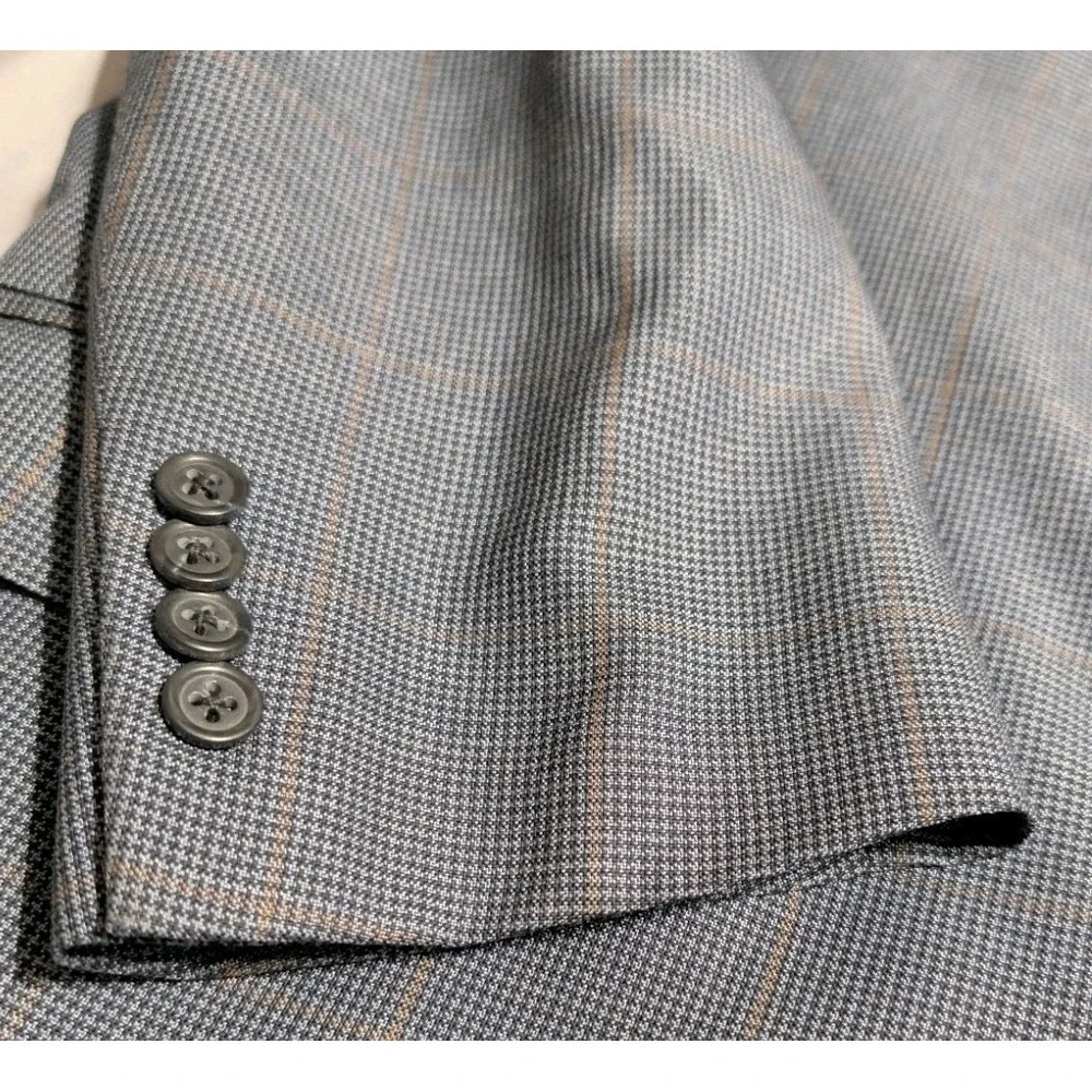 Peter Millar Sport Coat Blazer 46T Blue Windowpane Wool Silk Linen Made Canada